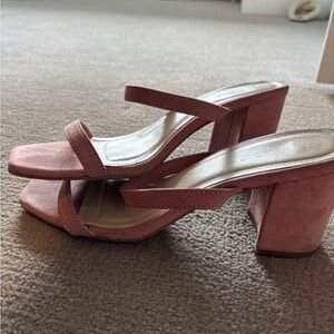 BAMBOO Pink Suede Block Heel Mules